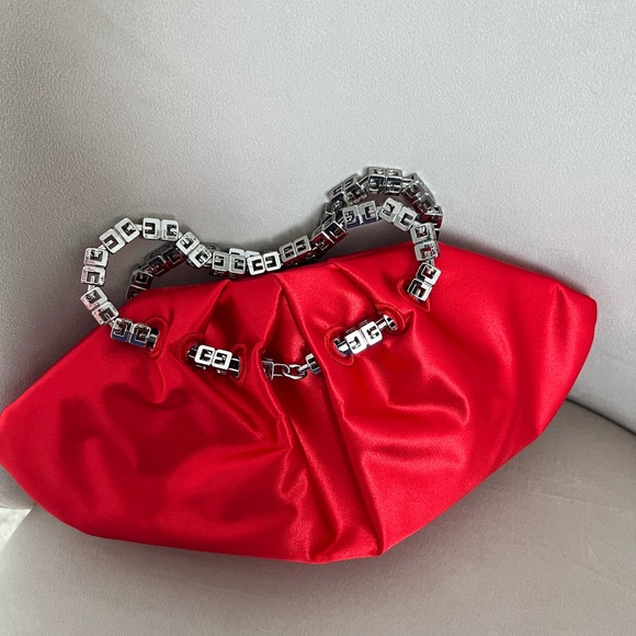 Red Satin Clutch with Silver Chain - Picture 3 of 3